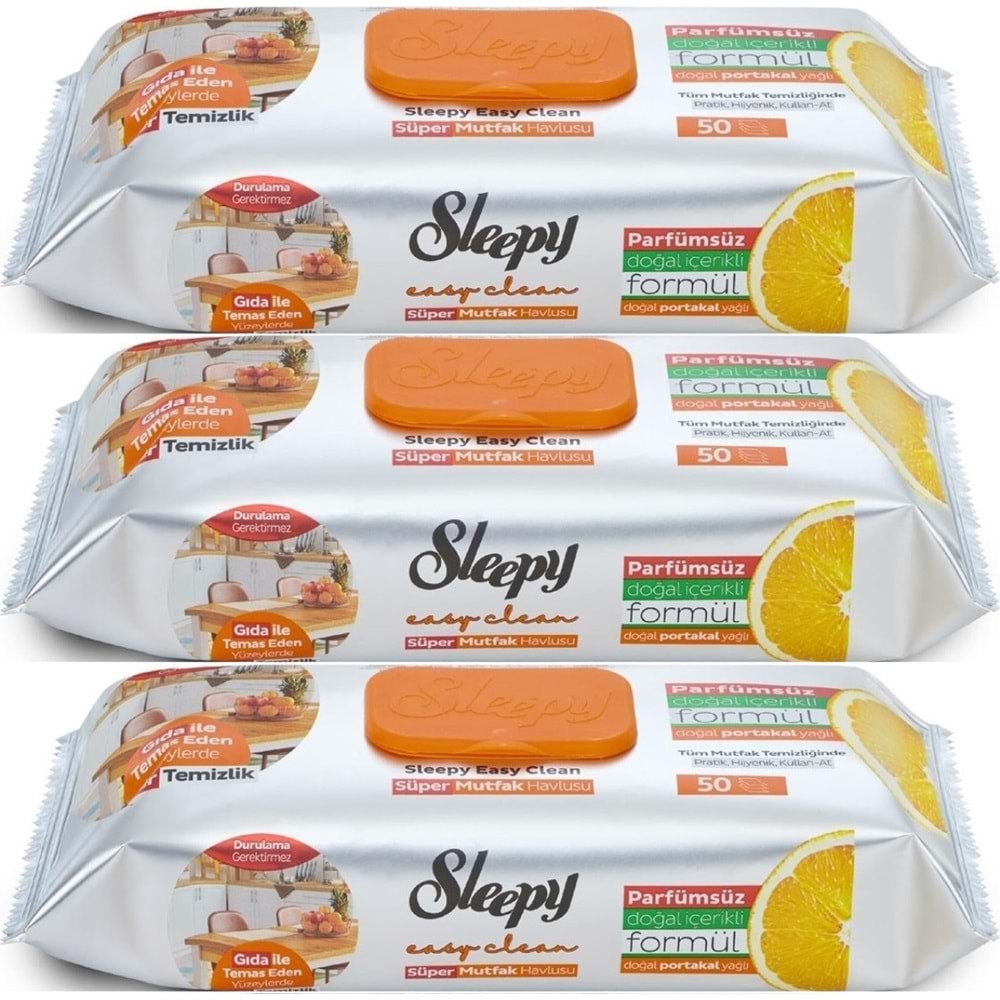 Sleepy Easy Clean Yüzey Temizlik Mutfak Havlusu -Mendili 50 Yaprak Portakal Yağlı (3Lü Set) 150Yprk