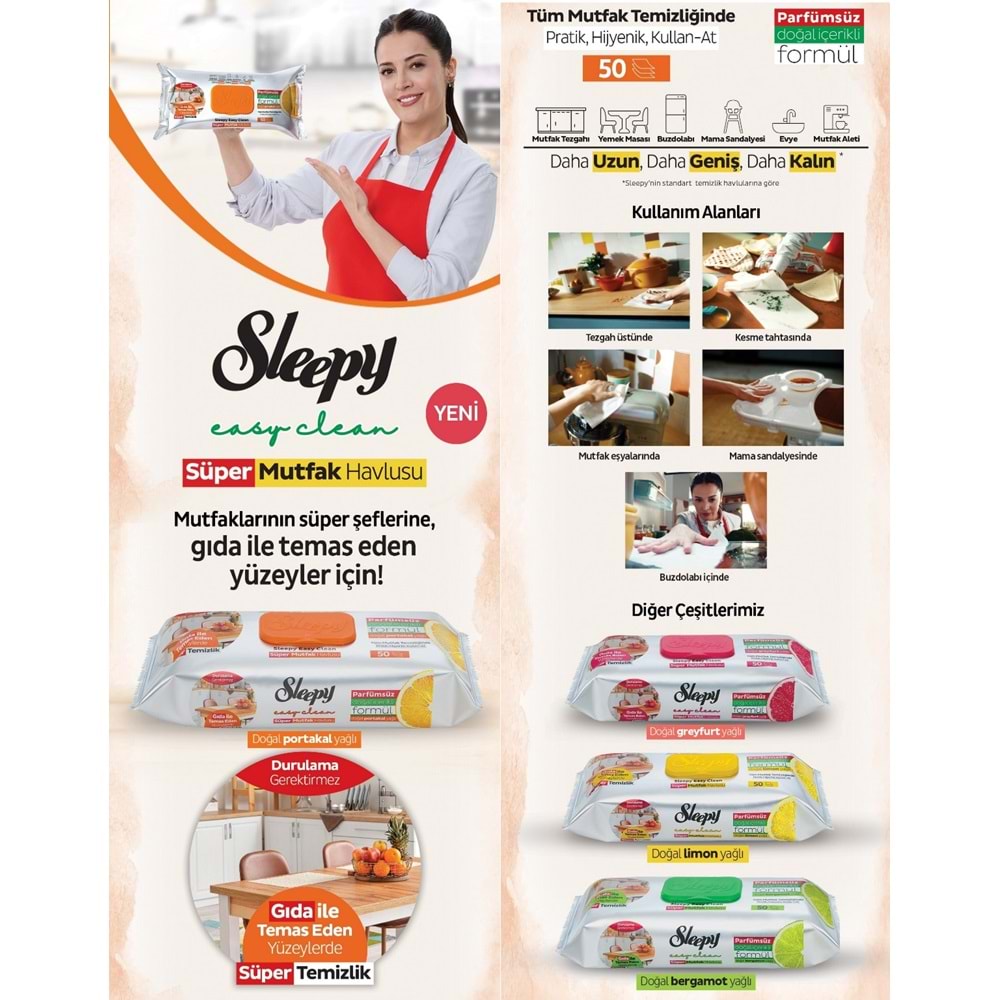Sleepy Easy Clean Yüzey Temizlik Mutfak Havlusu -Mendili 50 Yaprak Portakal Yağlı (9Lu Set) 450Yprk