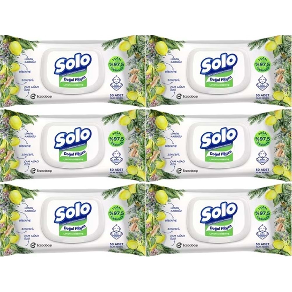 Solo Islak Havlu Mendil 50 Yaprak Limon & Biberiye (6 Lı Set) (2PK*3) 300 Yaprak