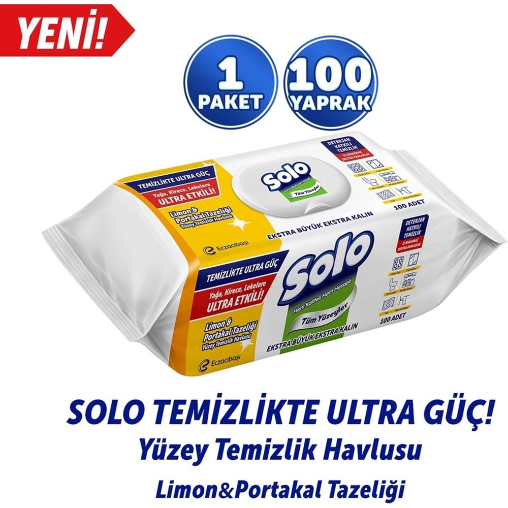 Solo Yüzey Temizlik Havlusu - Mendili 100 Yaprak Limon & Portakal Tazeliği (9 Lu Set) 900 Yaprak