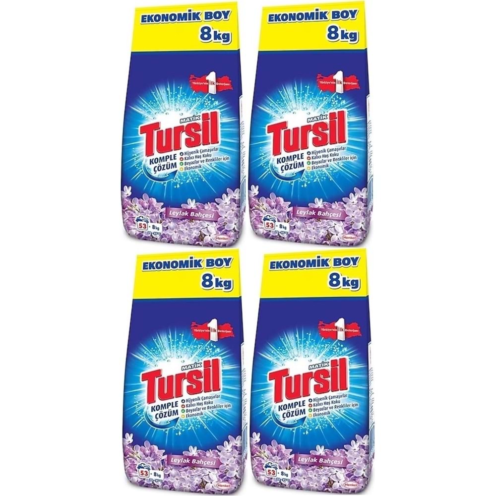Tursil Matik Toz Çamaşır Deterjanı 32KG Leylak Bahçesi (212 Yıkama) Renkli/Beyazlar (4PK*8KG)