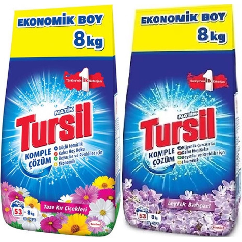 Tursil Matik Toz Çamaşır Deterjanı 8+8:16KG Taze Kır Çiçekleri + Leylak Bahçesi Beyaz ve Renkli