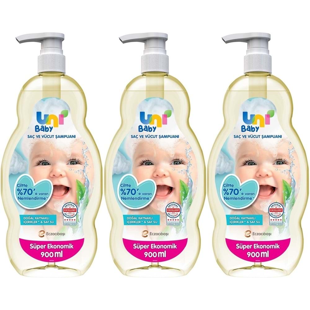 Uni Baby Bebek Saç ve Vücut Şampuanı 900ML Klasik (Pompalı) (3 Lü Set)