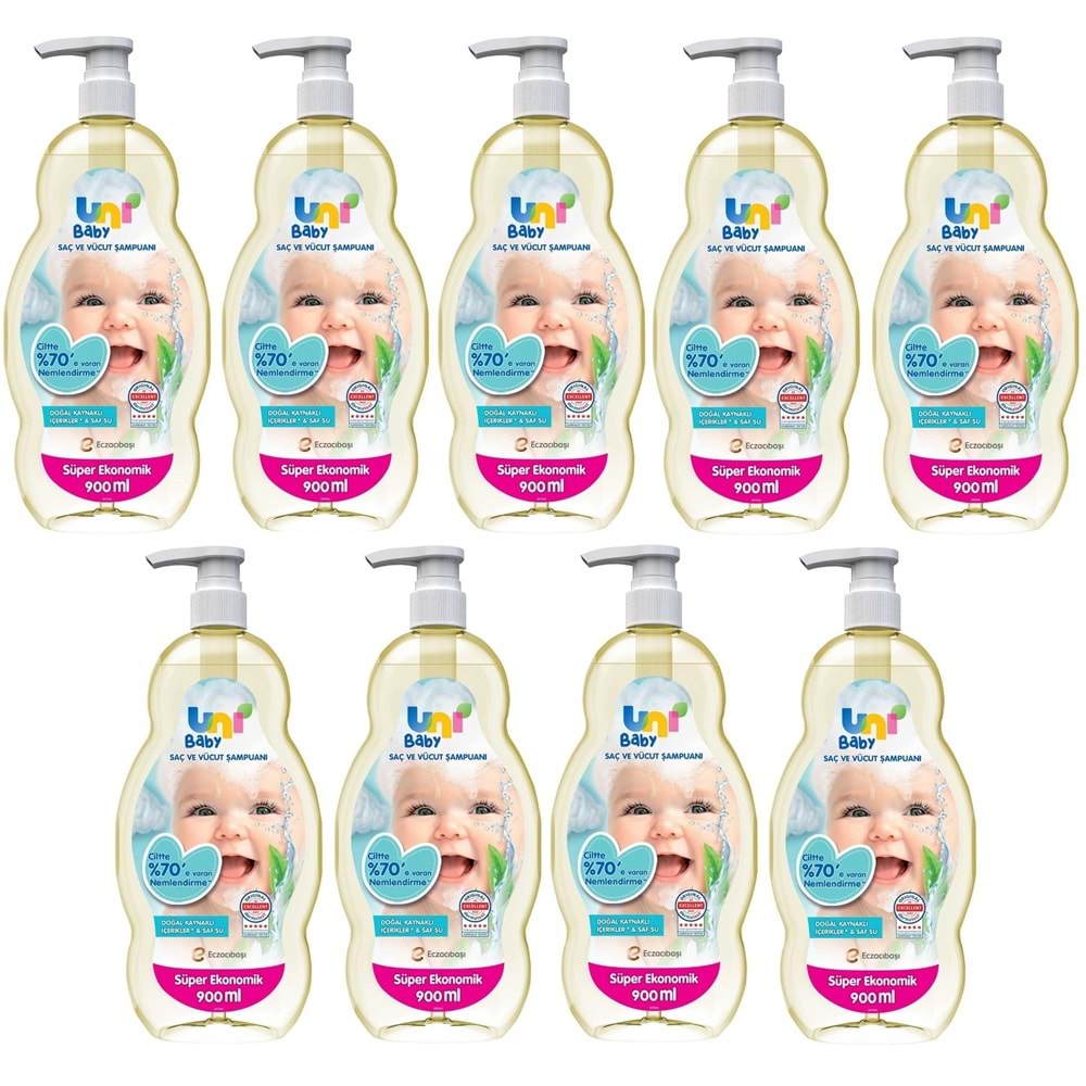 Uni Baby Bebek Saç ve Vücut Şampuanı 900ML Klasik (Pompalı) (9 Lu Set)