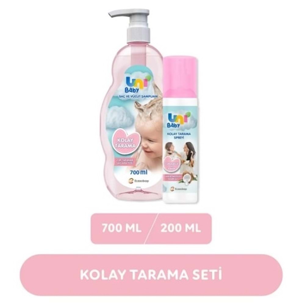 Uni Baby Bebek Kolay Tarama Saç ve Vücut Şampuanı 700ML + Kolay Saç Tarama Spreyi 200ML (Karma Set)