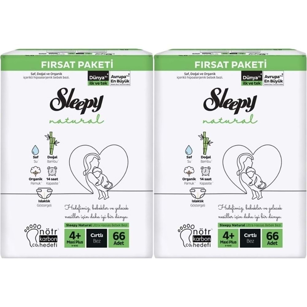 Sleepy Bebek Bezi Naturel 4+ Beden 9-16 KG Maxi Plus 132 Adet Ekonomik Fırsat Pk