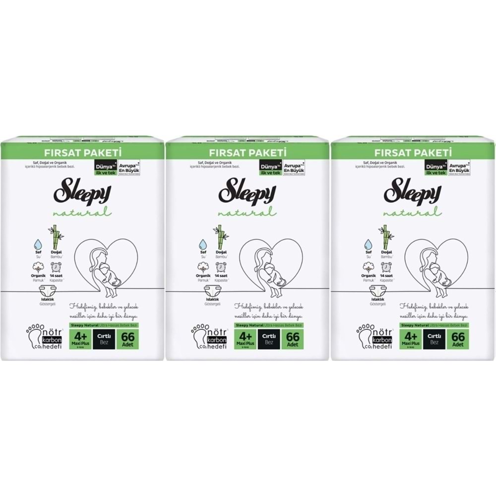 Sleepy Bebek Bezi Naturel 4+ Beden 9-16 KG Maxi Plus 198 Adet Aylık Fırsat Pk