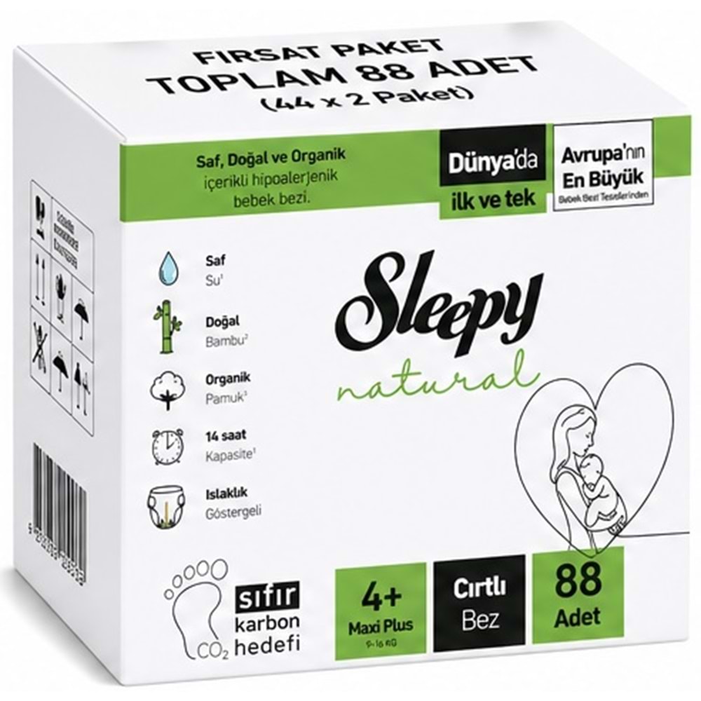 Sleepy Bebek Bezi Natural 4+ Beden (9-16 KG) Maxi Plus 88 Adet Ekonomik Fırsat Pk