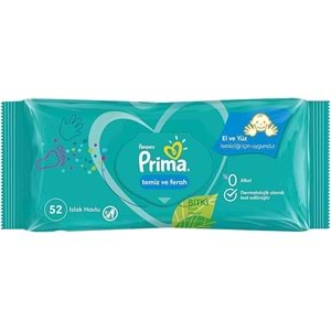 Prima Islak Havlu Mendil Temiz ve Ferah/Fresh Clean 52 Yaprak (Bitki Bazlı) Tekli Pk