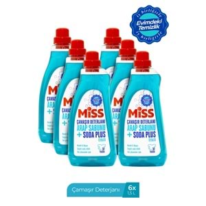 Miss Arap Sabunu ve Soda Plus Etkili Sıvı Çamaşır Deterjanı Renkli & Beyaz 1500ML (6 Lı Set) 1 Koli