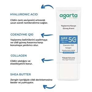 Agarta Yaşlanma Karşıtı Collagen Destekli Spf+50 Faktör Yüz Güneş Kremi 50 ML