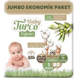 Baby Turco Bebek Bezi Doğadan Beden:1 (2-5Kg) Yeni Doğan 80 Adet Jumbo Ekonomik Pk