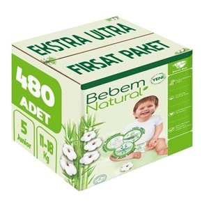 Bebem Bebek Bezi Natural 5 Beden 11-18 KG Junior 480 Adet Ekstra Ultra Fırsat Pk
