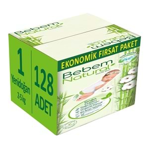 Bebem Bebek Bezi Natural 1 Beden 2-5 KG Yenidoğan 128 Adet Ekonomik Fırsat Pk
