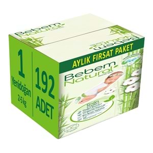 Bebem Bebek Bezi Natural 1 Beden 2-5 KG Yenidoğan 192 Adet Aylık Fırsat Pk