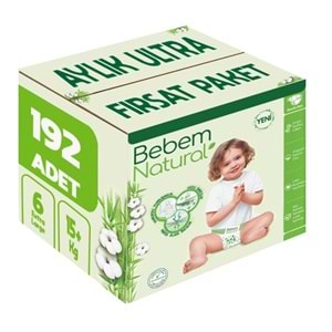 Bebem Bebek Bezi Natural 6 Beden 15+ KG Extra Large 192 Adet Aylık Ultra Fırsat Pk