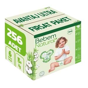 Bebem Bebek Bezi Natural 6 Beden 15+ KG Extra Large 256 Adet Avantaj Ultra Fırsat Pk