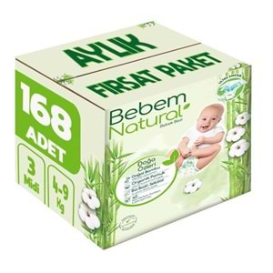 Bebem Bebek Bezi Natural 3 Beden 4-9 KG Midi 168 Adet Aylık Fırsat Pk