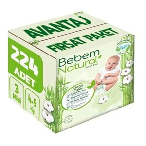 Bebem Bebek Bezi Natural 3 Beden 4-9 KG Midi 224 Adet Avantaj Fırsat Pk