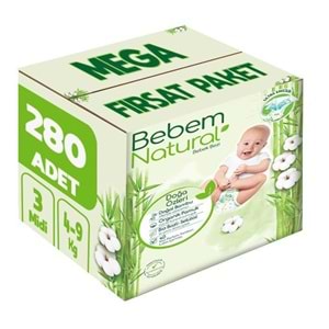 Bebem Bebek Bezi Natural 3 Beden 4-9 KG Midi 280 Adet MeGa Fırsat Pk