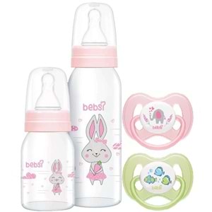 Bebsi Cam Biberon Seti Pembe (250ML+125ML)+Emzik Ortodontik Damaklı Kelebek No:1 (2 Li PK) 4 Lü Set