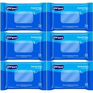 Canped Yetişkin Vücut Temizleme Islak Mendil Havlu 24 Yaprak Seyahat Boy 6 Lı Set (144 Yaprak)