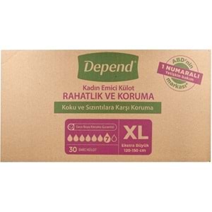 Depend Emici Külot Yetişkin Bezi XL - Extra Büyük Kadın 180 Adet (6PK*30)