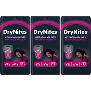 Drynites Emici Gece Külodu/Külot Bez Kız 8-13 Yaş 30-48KG Large 27 Adet 3PK*9 Alt Islatmalara Karşı
