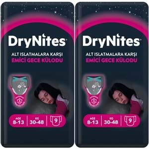 Drynites Emici Gece Külodu/Külot Bez Kız 8-13 Yaş 30-48KG Large 18 Adet 2PK*9 Alt Islatmalara Karşı
