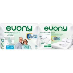 Evony Yetişkin Bezi Bel Bantlı Tekstil Yüzey Orta 30 Adet + Yatak Koruyucu Örtü 30 Adet