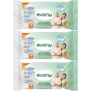 Evony Yetişkin Vücut Perine Temizleme Islak Mendil Havlu 48 Yaprak XL Banyo Ferahlığı (3 Lü Set)
