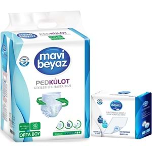 Mavi Beyaz Ped Emici Külot Yetişkin Bezi M -Medium Orta 30 Adet + Yatak Koruyucu Örtü 60*90CM 30 Adt