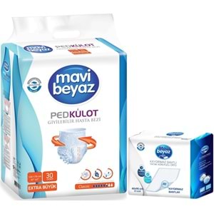 Mavi Beyaz Ped Emici Külot Yetişkin Bezi XL-Ekstra Büyük 30 Adet + Yatak Koruyucu Örtü 60*90CM 30 Adet