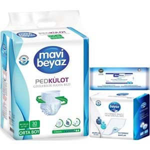 Mavi Beyaz Ped Emici Külot Yetişkin Bezi M 30 Adet + Yatak Koruyucu 30 Adet + Temizleme Havlusu 1 Pk