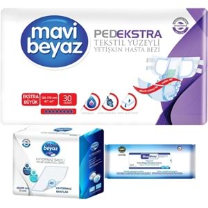 Mavi Beyaz Ped Ekstra Tekstil Yüzeyli Bel Bantlı Yetişkin Bezi XL 30 Adet + Yatak Korucu + Havlu
