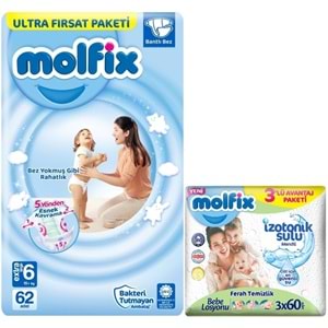 Molfix Bebek Bezi 6 Beden 15+ KG Extra Large 62 Adet Ultra Fırsat Pk+3 Adet Islak Mendil