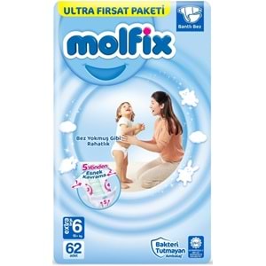 Molfix Bebek Bezi 6 Beden 15+ KG Extra Large 124 Adet Ekonomik Ultra Fırsat Pk+6 Adet Islak Mendil