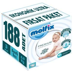Molfix Premium Bebek Bezi 3 Beden 4-9 KG Midi 188 Adet Ekonomik Ultra Fırsat Pk