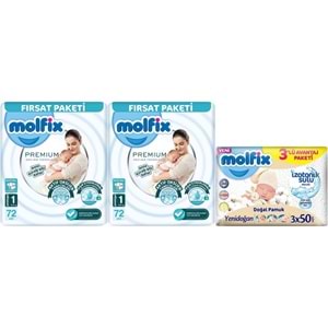Molfix Premium Bebek Bezi 1 Beden 2-5 KG Yeni Doğan 144 Ad Ekonomik Ultra Fırsat Pk + 3 Adet Mendil