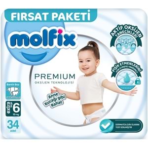 Molfix Premium Bebek Bezi 6 Beden 15+ KG Extra Large 34 Adet Fırsat Pk + 3 Adet Islak Mendil