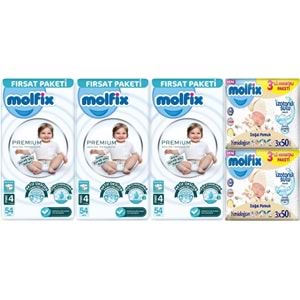 Molfix Premium Bebek Bezi 4 Beden 7-14 KG Maxi 162 Adet Fırsat Pk + 6 Adet Islak Mendil