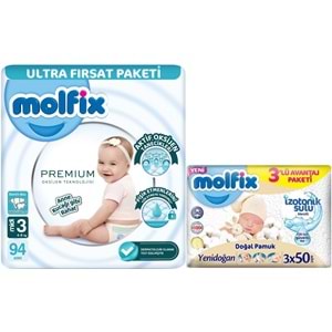 Molfix Premium Bebek Bezi 3 Beden 4-9 KG Midi 94 Adet Ultra Fırsat Pk + 3 Adet Islak Mendil