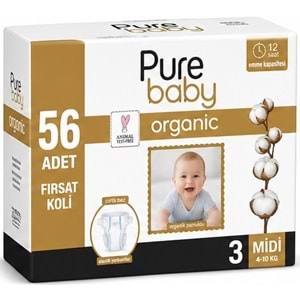 Pure Baby Organik Bebek Bezi 3 Beden 4-10 KG Midi 56 Adet Ekonomik Fırsat Pk