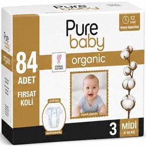 Pure Baby Organik Bebek Bezi 3 Beden 4-10 KG Midi 84 Adet Aylık Fırsat Pk