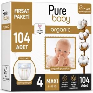 Pure Baby Organik Bebek Bezi 4 Beden 7-16 KG Maxi 104 Adet Ekonomik Fırsat Pk