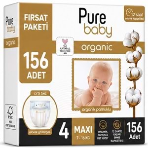 Pure Baby Organik Bebek Bezi 4 Beden 7-16 KG Maxi 156 Adet Aylık Fırsat Pk