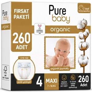 Pure Baby Organik Bebek Bezi 4 Beden 7-16 KG Maxi 260 Adet Mega Fırsat Pk
