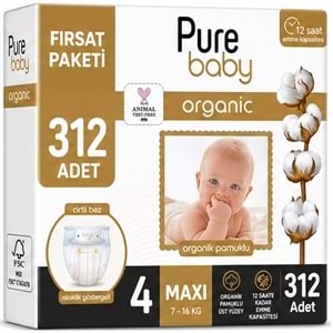 Pure Baby Organik Bebek Bezi 4 Beden 7-16 KG Maxi 312 Adet Ekstra Fırsat Pk