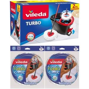Vileda Turbo Pedallı Temizlik Seti (Komple Set)+ Turbo Yedek Mop Paspas Ucu Mikrofiber (2 Adet)