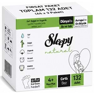 Sleepy Bebek Bezi Natural 4+ Beden (9-16 KG) Maxi Plus 132 Adet Aylık Fırsat Pk